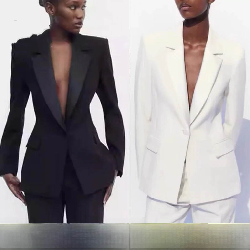 

New 2024 Women's Slim Fit Double Breasted Waist Cinched Silk Blend Suit Jaet Faionable Versatile Long Sve Color