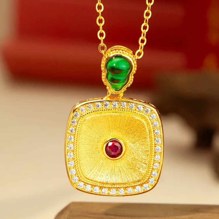 Luxury 24K 9999 Pure Gold real gold Women's Point Drill and Wire-drawing Square Inlaid Hoist Pendant Clavicle Chain