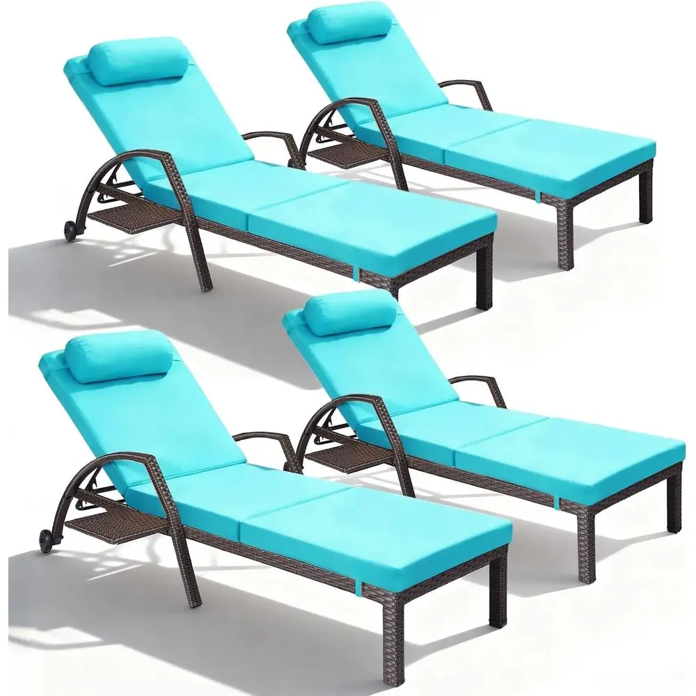 

Patio Chaise Lounge Chairs Set o 4 Wicker Pool Lounge Chairs Outdoor with 5 Adjustable Back & Removable Cushion & Tray Tanning C