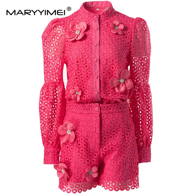 

MARYYIMEI Summer Women's Suit Long-Sleeved Single-Breasted Tops+Casual shorts Lace Hollow Out Crystal Appliques 2 Piece Set