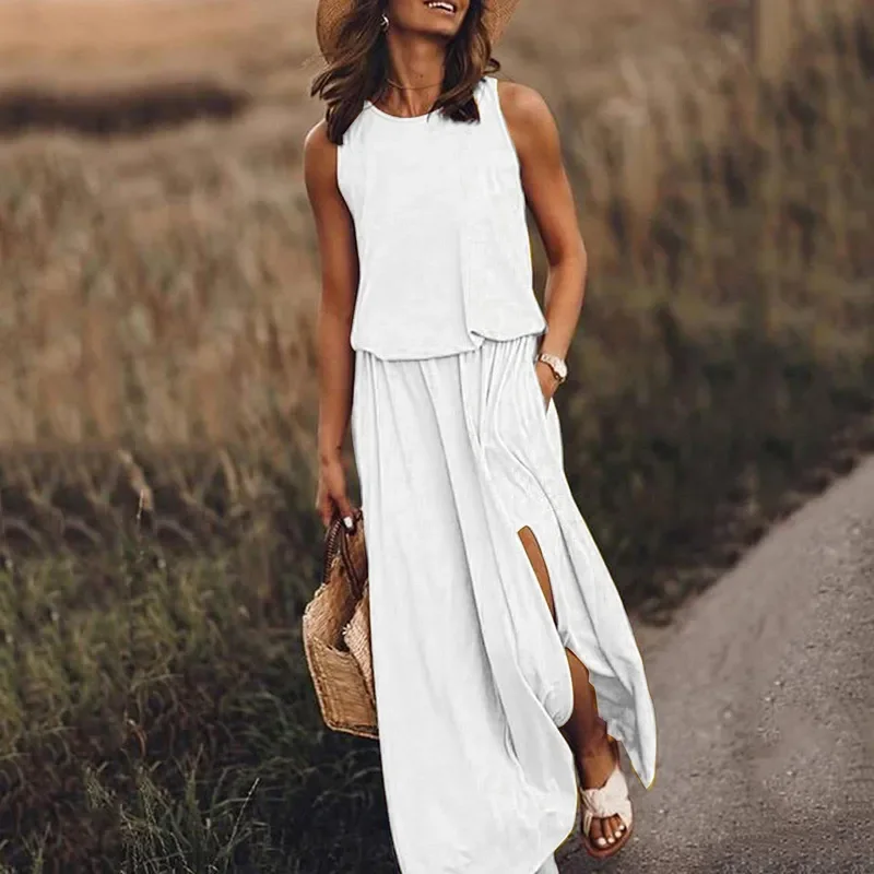 Women summer sleeveless split long dress casual solid cotton elastics waist elegant maxi dress vintage Harajuku loose sundress