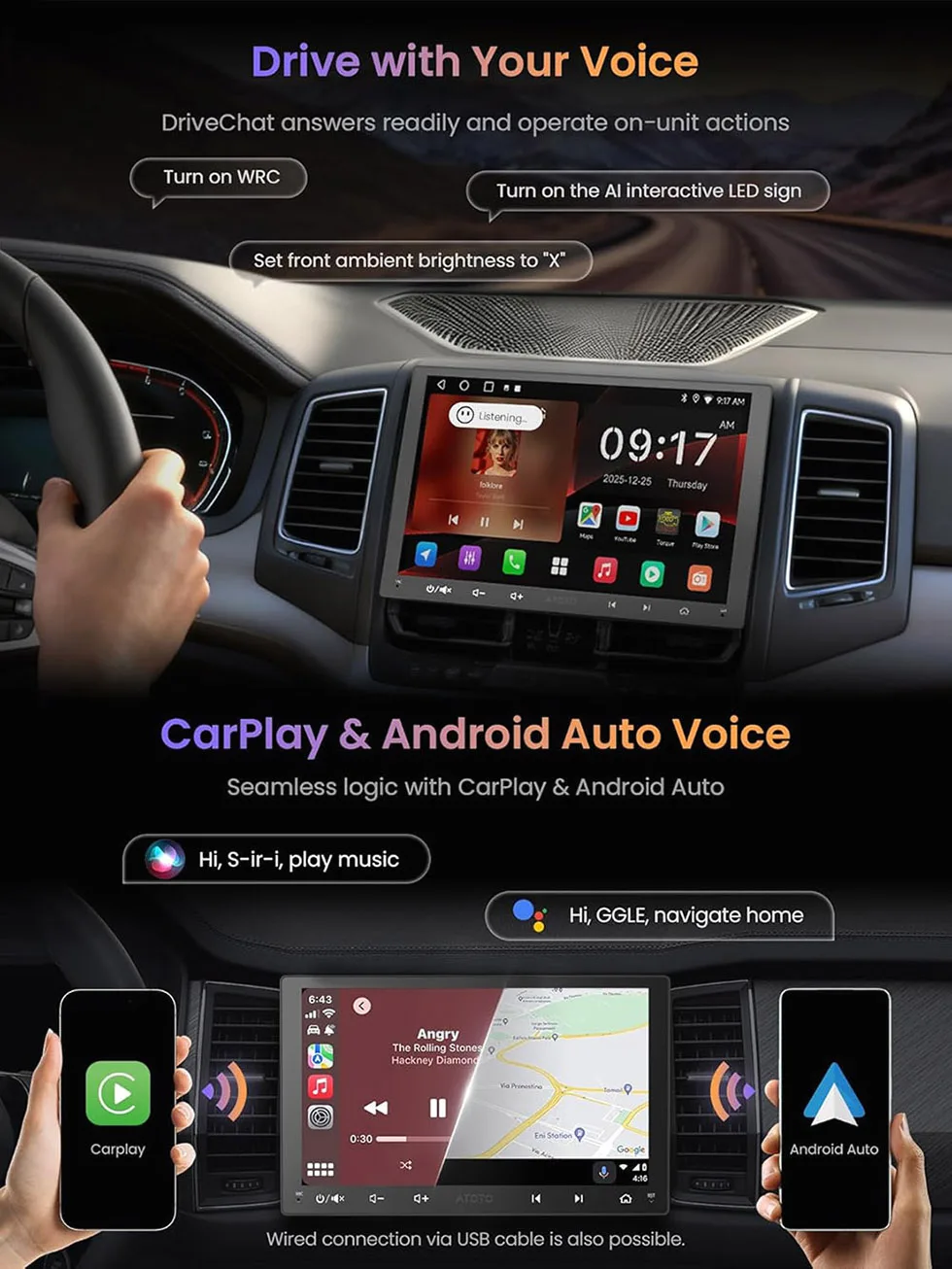 9 inch Android Double Din Radio CarPlay Android Auto Wireless, Touch Screen Car Stereo with Camera WIFI Bluetooth GPS Navigation DSP&EQ ChatGPT-AI Head Unit A5L Atotozone