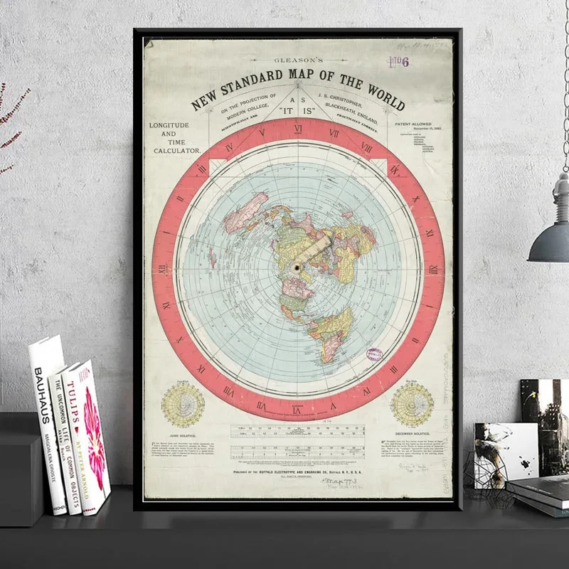 Plakaty i grafiki 1892 Mapa płaskiej ziemi Mapa świata filmowa, nowoczesne malarstwo artystyczne Malarstwo ścienne do salonu Kolekcja domu Dekoracja