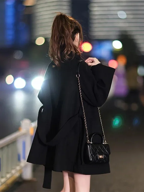 

Korean Sle Simple Bla Woolen Coat Women's Autumn Winter Mid-Length Small Size Ele Fce Lined Thiened Woolen Jaet