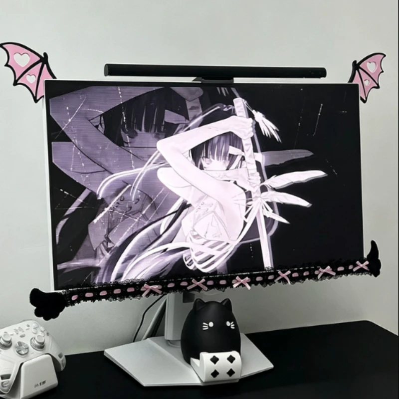 Cute Accessory Kit Demon Ear Monitor Frame Decor Lace Border Sticker PC Gaming Monitor Ornament Girl E-sports Desk Decoration