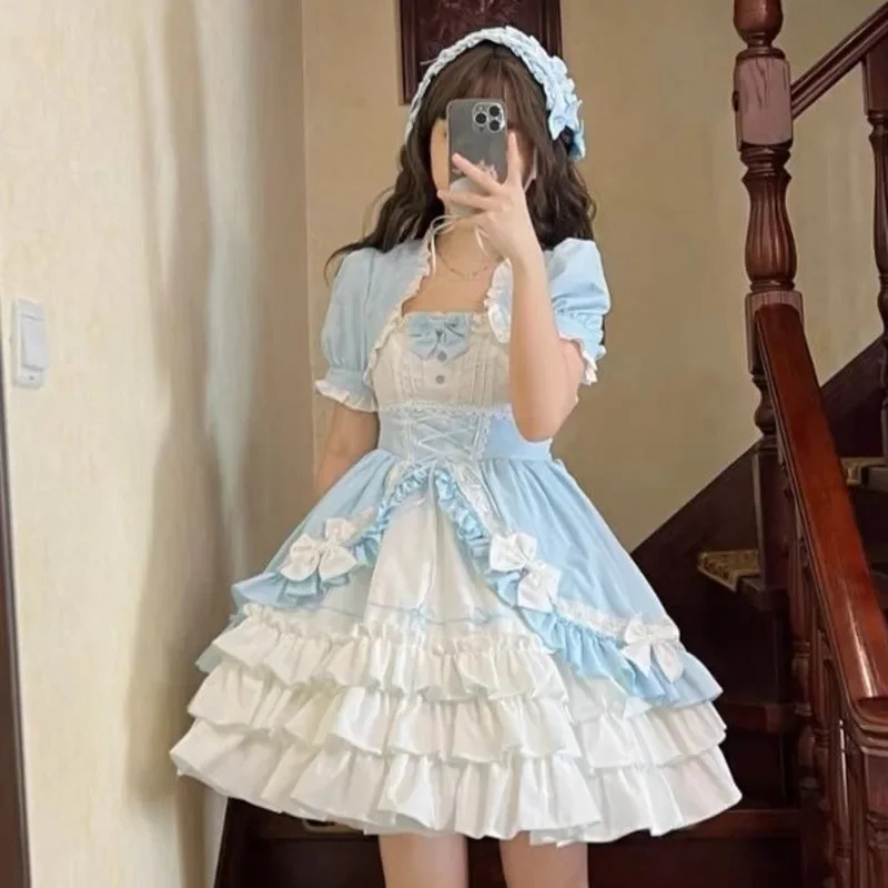 Coelho y2k lolita vestidos arco lolita jsk conjunto sakura em camadas roupa 3 peças saia sem mangas ins capa doce kawaii meninas vestido novo