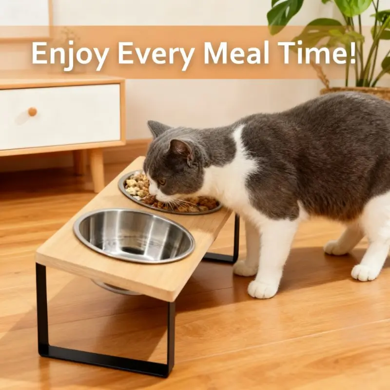 

Elevated Cat Bowls 15° Tilted Raised Cat Food Bowls with Wooden Stand Anti Vomiting 2Stainless Steel Bowls for Cats and Puppy