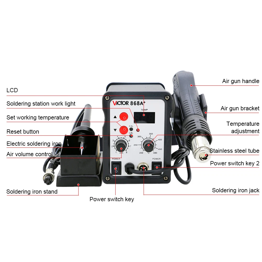 Victor 868A + Estação De Solda 2 em 1 Display Digital SMD Retrabalho Hot Air Gun Solda Ferro 220V ESD Soldagem Reparação Desoldering