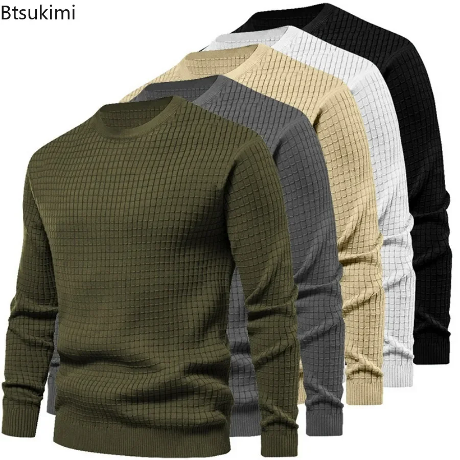 New 2024 Men's Casual Knitwear Sweater Fashion Thin Small Checkered Loose Round Neck Casual Long Sleeve Sweater Pullovers Male