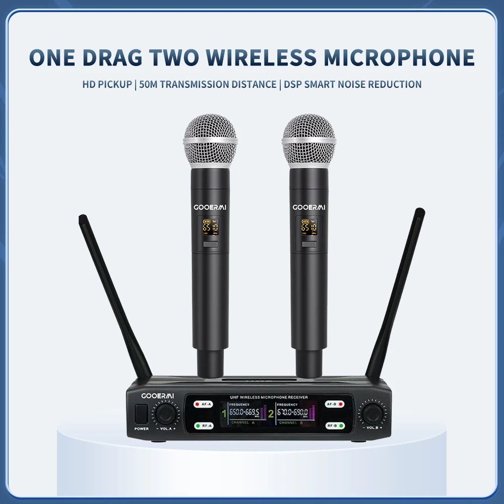 Senmi KU202 Wireless Dual Microphone System 2-Channel Handheld Dynamic Microphone With Adjustable Volume For Home Karaoke