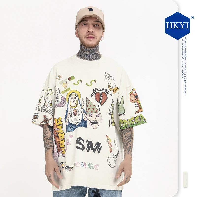 

2024Spring/Summer New Men's WearTrendy Brand Hip Hop Same Style Hand drawn Graffiti High Street Round Neck Vintage T-shirt