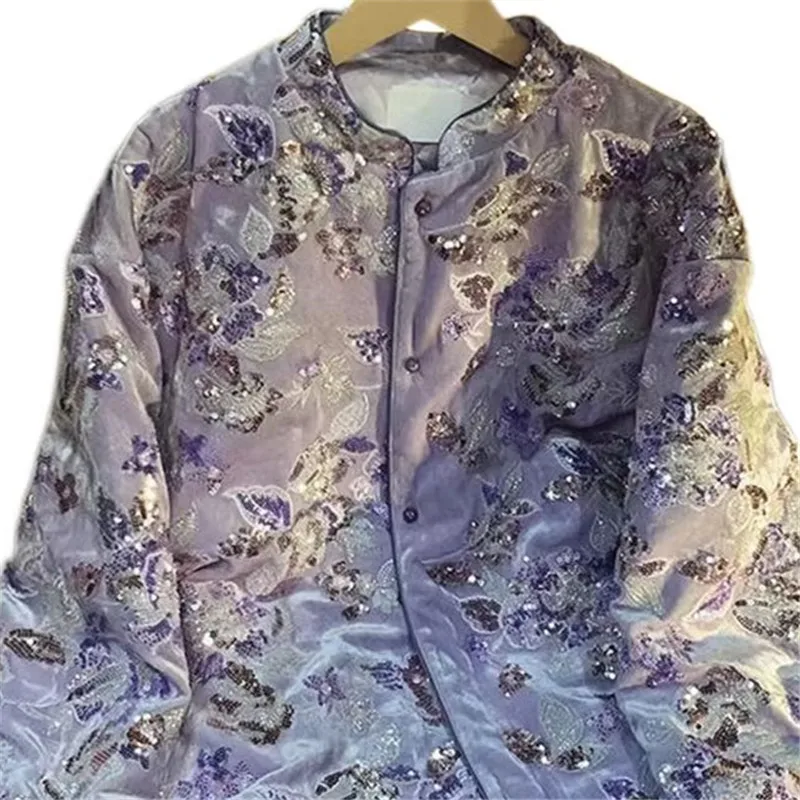2026 Spring and Autumn New Chinese Heavy Industry Nail Bead Embroidery Velvet Coat Purple Luxury Top