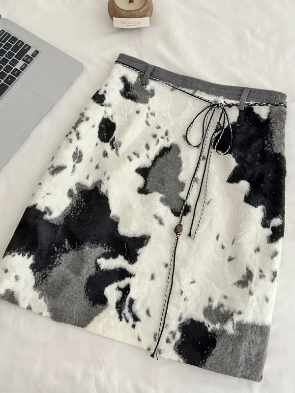 

Модная юбка с коровьим принтом из искусственного меха, женская, осенне-зимняя, новая, повседневный дизайн, экологичная, со средней талией, А-силуэт