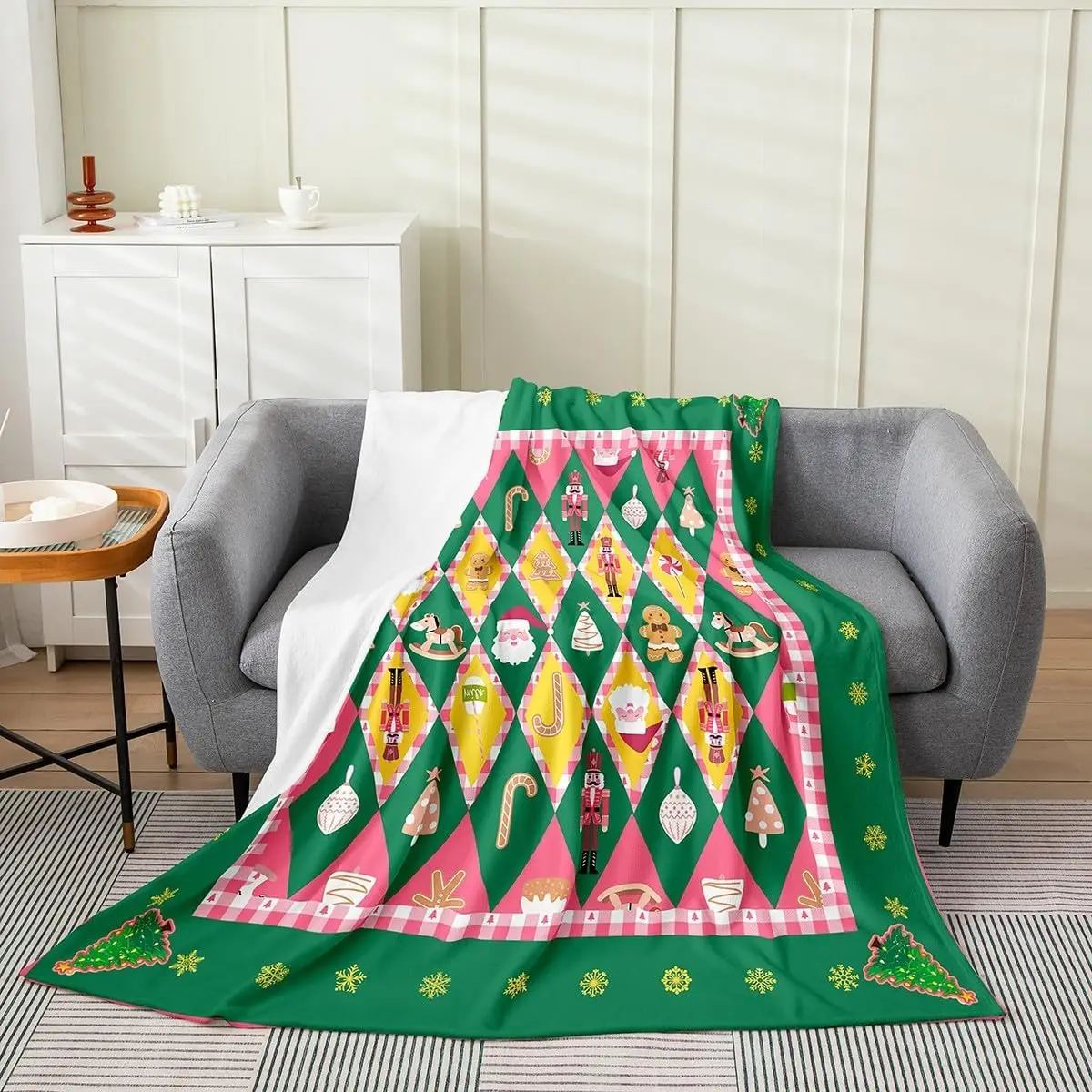 Christmas Nutcracker Fleece Throw Blanket Gingerbread Man Santa Claus Flannel Blanket Plush Fuzzy Xmas Tree Green for Bed Couch