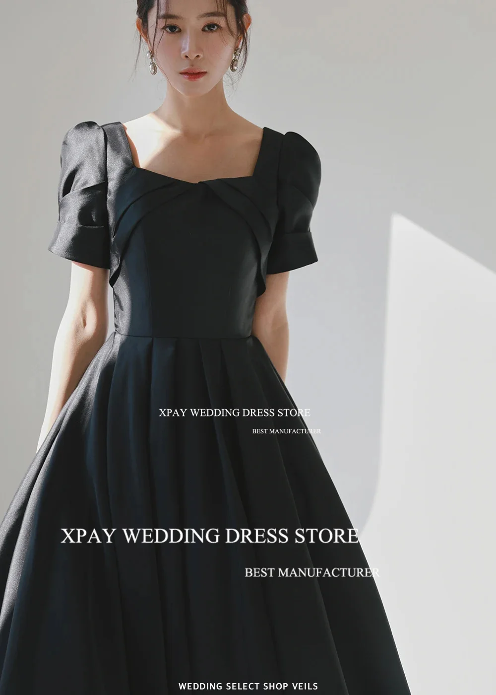 XPAY Elegant Black Satin Square Neck Korea Evening Dresses  Customised Draped Short Sleeve Prom Gowns Floor Custom Party Dress