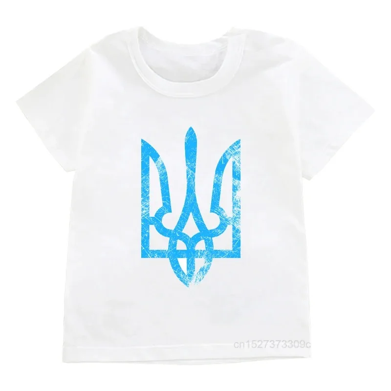 Ukraine Burning Trident Graphic Print T-shirts for Girls Clothes Children’S Tshirt Boys Tops Kids White Round Neckl Short Sleeve