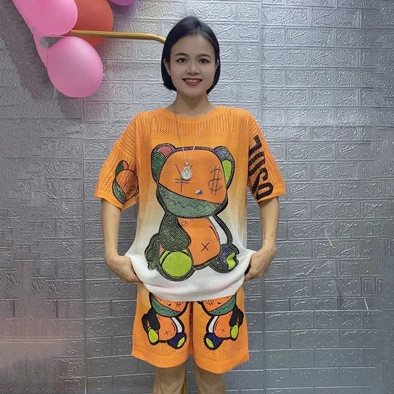 

2024 2 Piece Sets Womens Outfits Cartoon Bear Diamonds Tracksuit Hollow Out Short Sete Casual Knitting Костюм Женский Летний