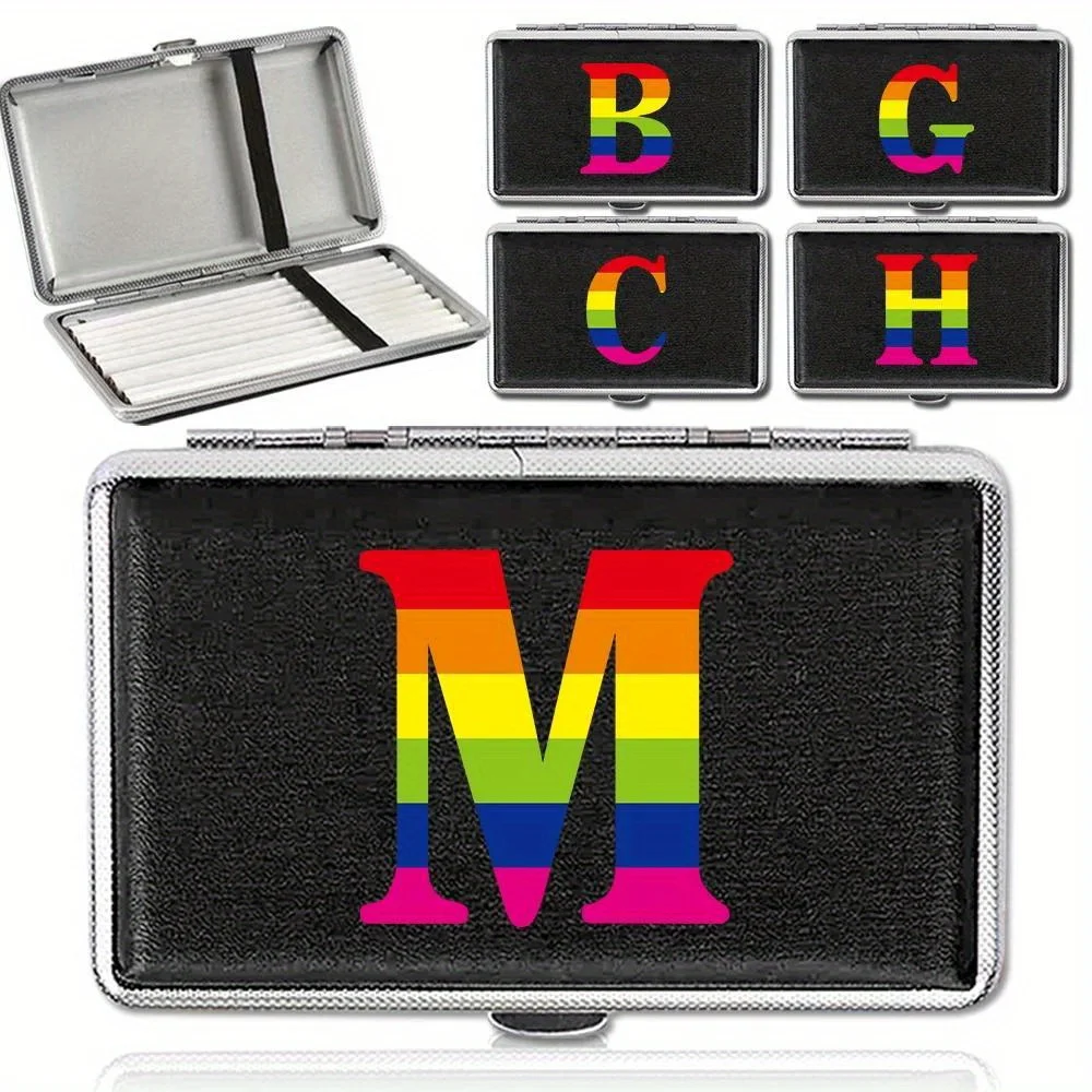 Portable Leather Cigarette Case Hard Metal Frame Tobacco Storage Box For Men Outdoor Daily Carry Rainbow 26 Letters Pattern