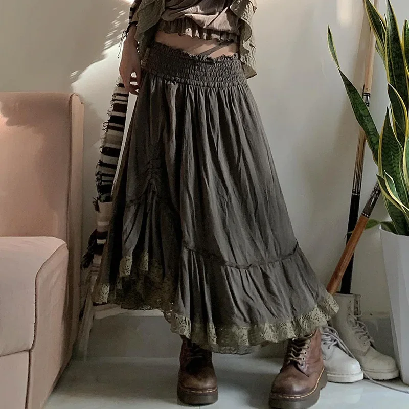 WOWOOTD  Fairy Lace Splice Shirring Midi Skirts Retro Y2k Grunge Ruffles Asymmetric Bottoms Goblincore Streetwear Long