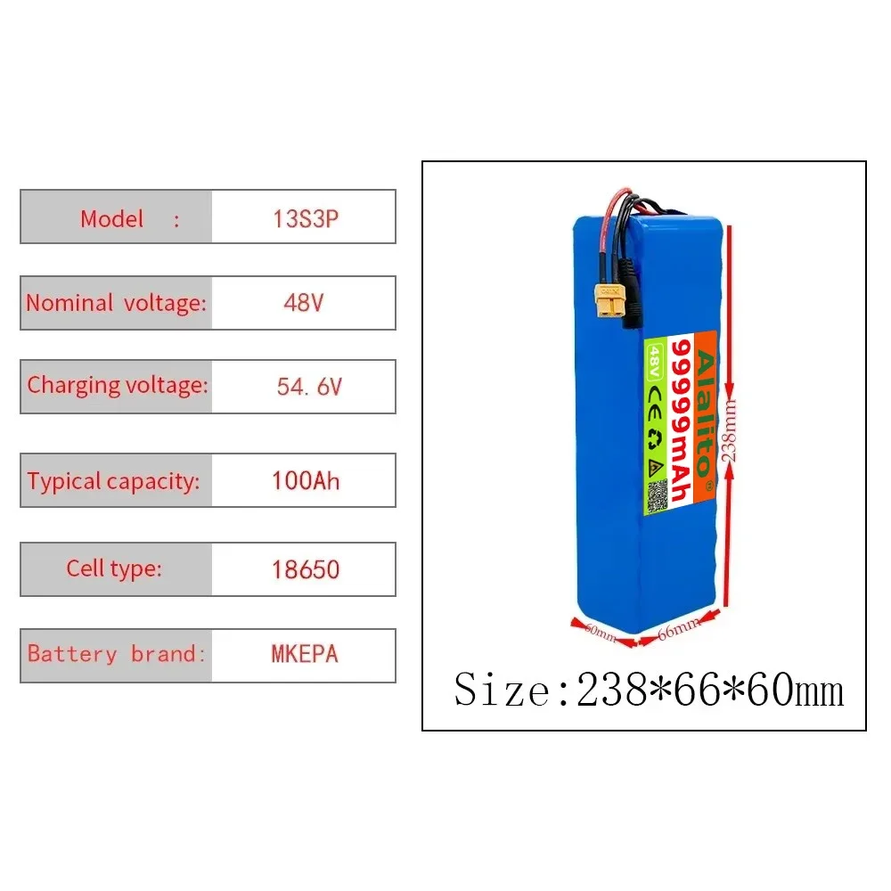 13S3P 48V แบตเตอรี่ 99.99Ah แบตเตอรี่ลิเธียมไอออน 1000W BMS สําหรับ 48V E-BIKE ไฟฟ้าจักรยานสกู๊ตเตอร์ + 54.6V Charger