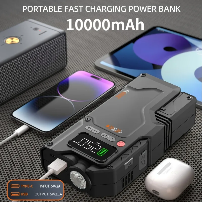 

Мощный портативный аккумулятор емкостью 10000 мАч, быстрая зарядка через USB-C, светодиодный фонарик, стартер одним касанием для автомобилей, грузовиков, совместимость
