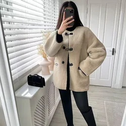 Fashion Patchwork O-neck Lamb Wool Coat For Women Chic Bull Horn Buckle Long Sleeve Loose Jacket Autumn Lady Warm Outerwear