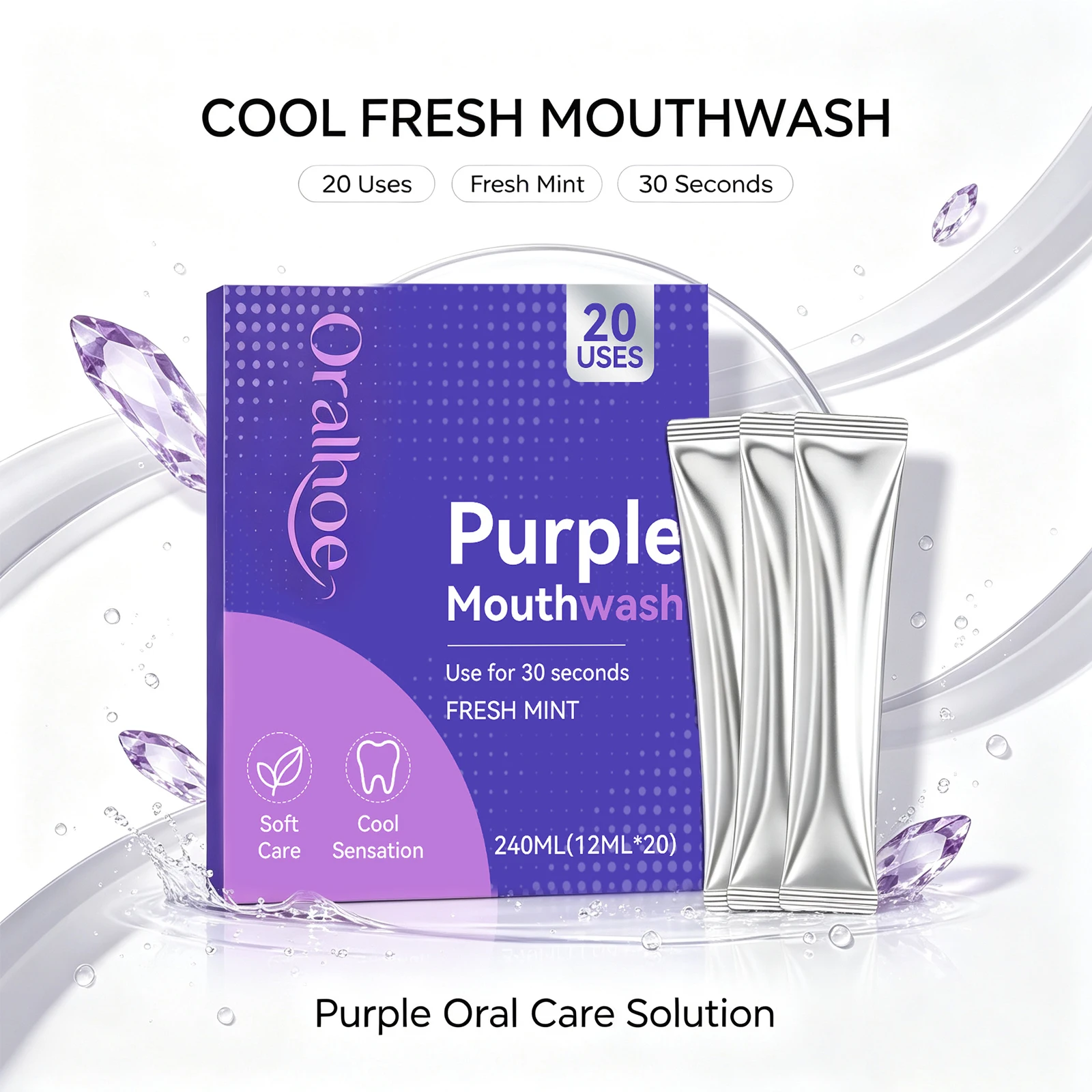 Enjuague Bucal Morado para Blanquear los Dientes, Refresca el Aliento, Apoya la Salud de las Encías, Sabor a Menta, Aclara los Tonos Amarillos, Enjuague Bucal de Viaje