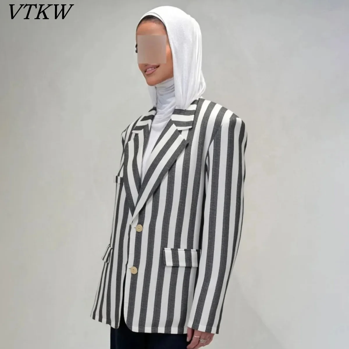 

VTKW Women’s 2025 Spring Summer Linen Stripe Blazer Jacket Button Front Open Minimalist Office Casual Wear Designer Chic Outfit