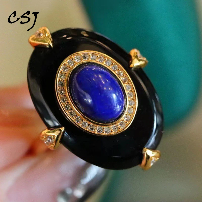 

CSJ New Natural Lapis Ring Sterling 925 Silver Black Agate for Women Birthday Wedding Party Trendy Jewelry Gift