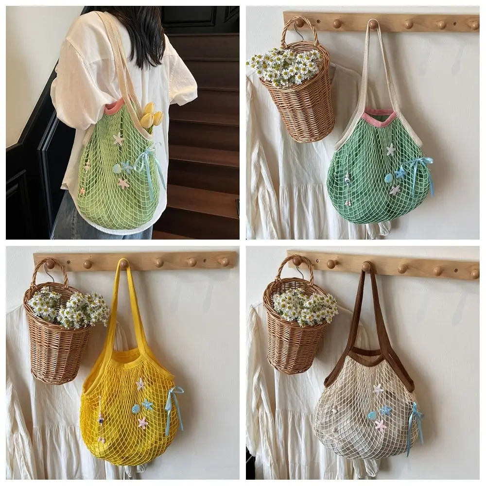 พับแบบพกพา Hollow ทอกระเป๋าสะพายสไตล์เกาหลีขนาดใหญ่ความจุทอกระเป๋าของชําโบว์โพลีเอสเตอร์กระเป๋าถือว่ายน้ํา