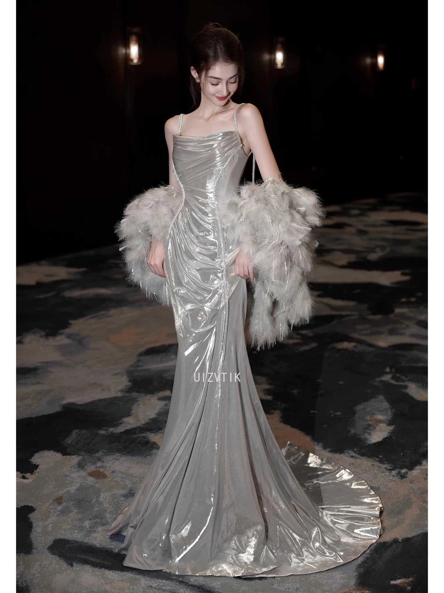 Luxus Sling Meerjungfrau Prom Kleider Weiblichen Koreanischen Stil Silber Abend Party Kleid Frauen Elegante Formale Anlass Kleider Vestidos