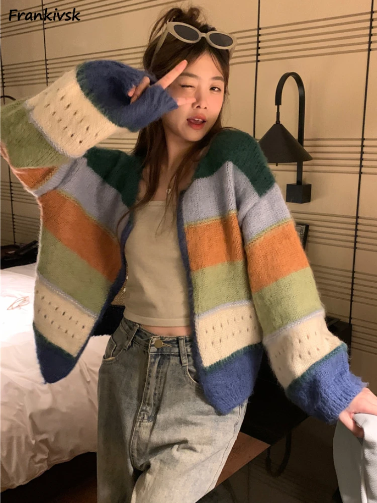 Cardigan Women Panelled All-match Retro Colorful Vitality Bright Cozy Trendy Streetwear Teenagers Elegant Autumn Leisure Chic