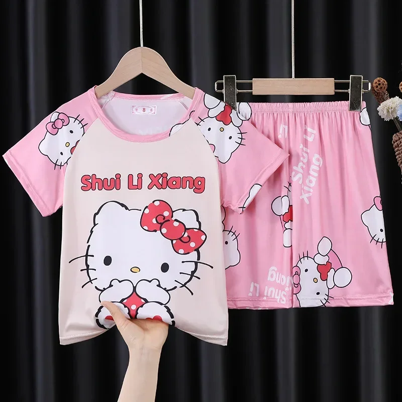 Sanrio hello kitty sleepwear children Pajamas Girls and Boys Summer Short Sleeve Shorts Set Home clothing T-shirt kuromi robes