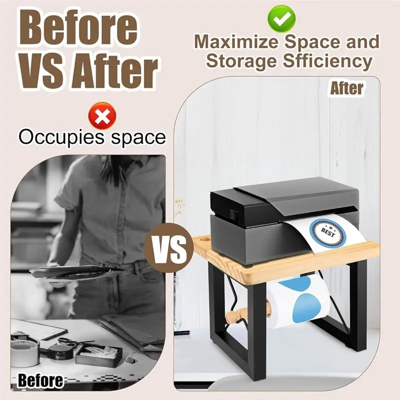 A13E-Label Holder For Rolls And Fan-Fold Labels, Double-Decker Thermal Printer Stand,Wooden Label Dispenser Organizer