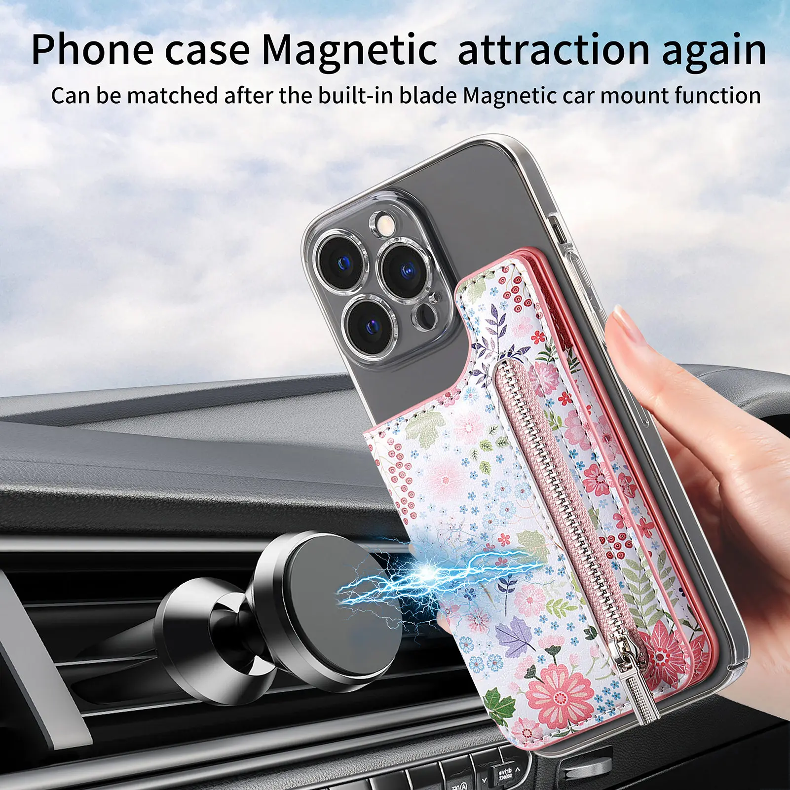 1 قطعة جراب هاتف مطلي بالزهور حامل بطاقة مع بولي Leather الجلود الخلفي ملصق حافظة للبطاقات المحمولة لاصق العالمي سستة المحفظة Deskto