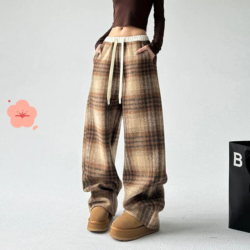 裏起毛レディースパンツ厚手のウール生地グリッド秋冬新モデルカジュアルレトロ黒白ワイドレッグルーズ怠惰な