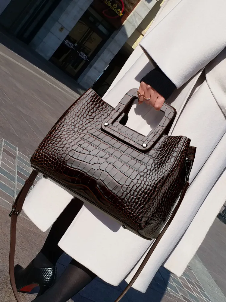 Aidrani Ladies Genuine Cowhide Tote Bag, Crocodile Print Square Handle Handbag, Removable Strap Crossbody Shoulder Purse