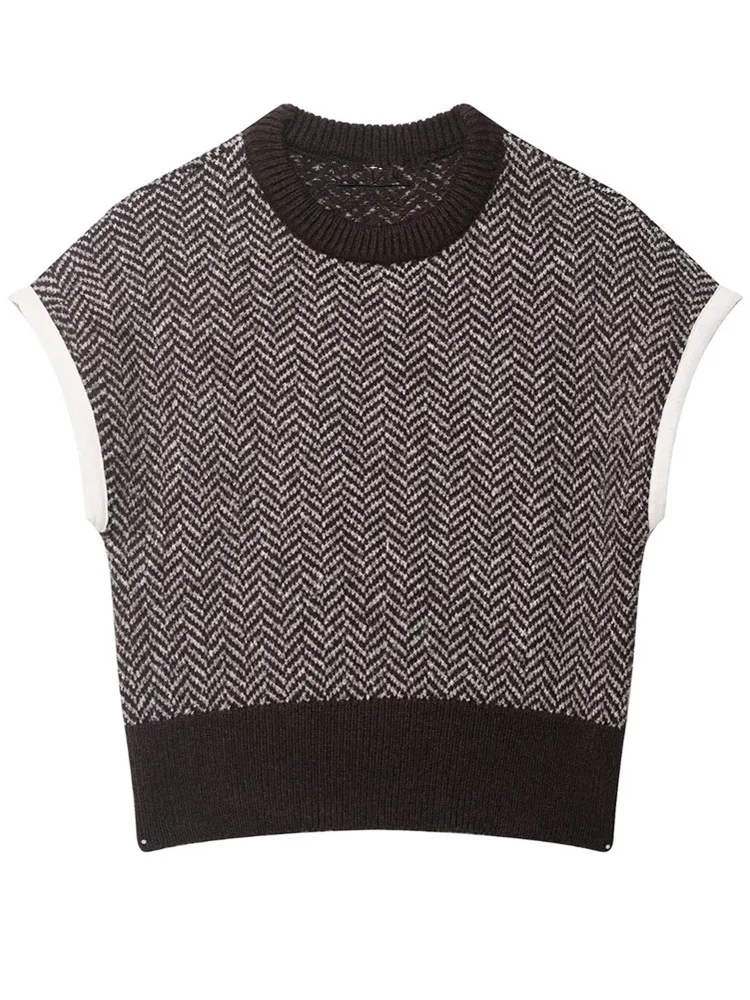 

Женский винтажный безрукавный жилет Zevity с геометрическим узором, вязаный крючком, шикарный, с цветовыми вставками, пуловер, топ SW9517