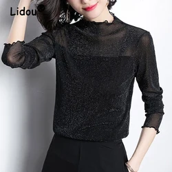 Spring Autumn Fashion Elegant Bright Silk Sexy Mesh Slim Party Club Basic T Shirt Women Korean Office Lady Black Long Sleeve Top