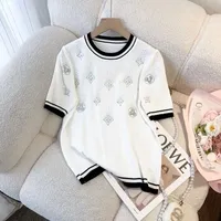 Fashion Diamond Knitted Shirts Women Summer Knit T-Shirts Short Sleeve Knitwear White Black Tops O-neck Thin Pullover New
