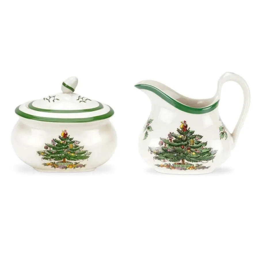

Christmas Tree Sugar amp Creamer Set 16oz Sugar Bowl with Lid amp 8oz Creamer Fine Earthenware Holiday Tea amp Coffee Serving Se