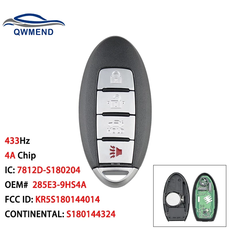 

QWMEND 4 Buttons Car Remote Key for Nissan Altima 2016 2017 2018 Smart Car Key 433Mhz 4A Chip KR5S180144014 S180144324