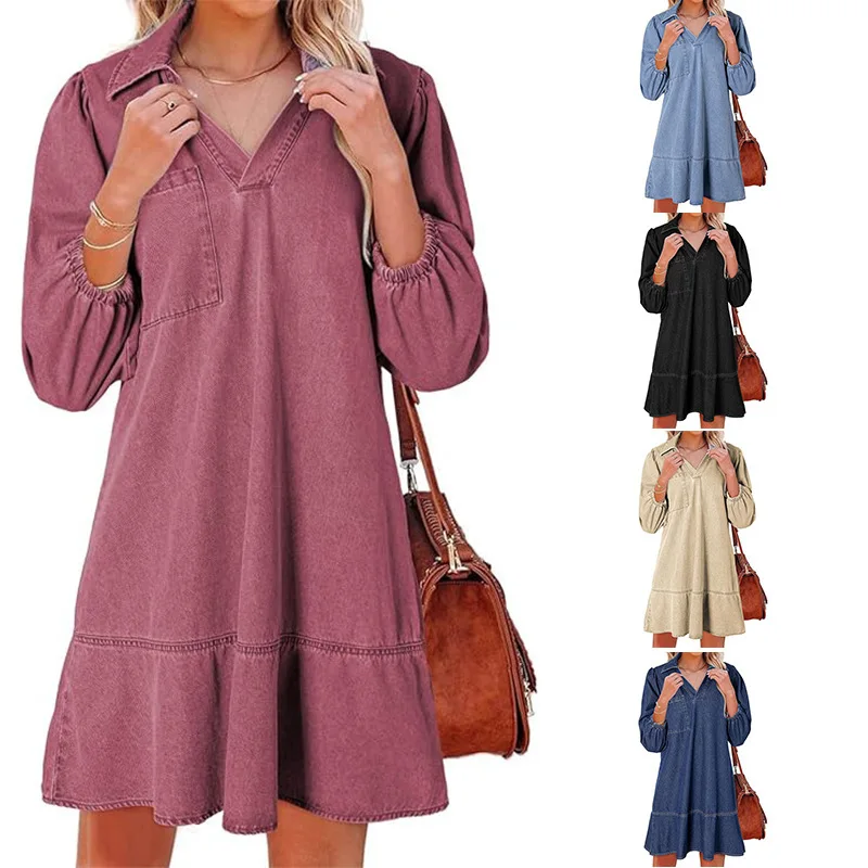 

2026 New Women's Casual Babydoll Dress with V-Neck and Three-Quarter Puff Sleeves Denim Dress