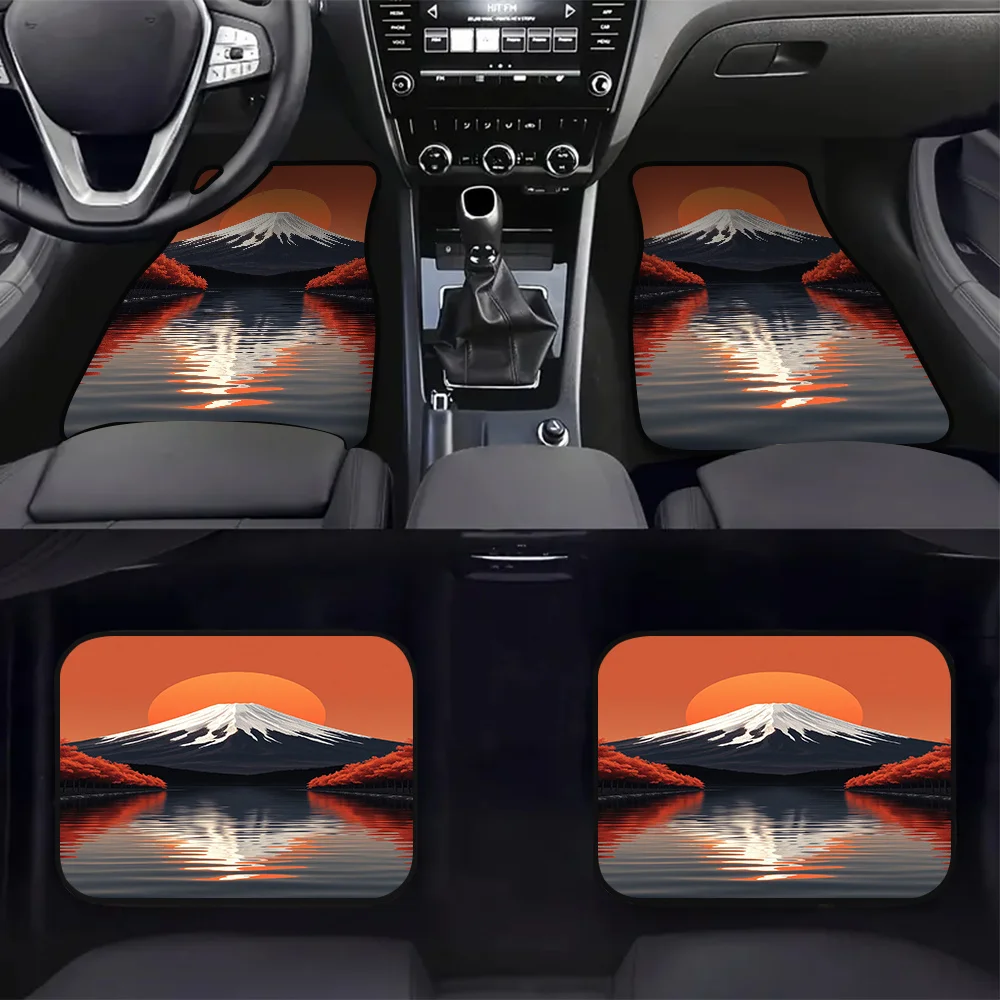 4pcs Vehicle Floor Mats With Minimalist Sunset Mountain Lake Design - Durable Polyester, Cleaning-Friendly, Fit For SUVs & Hatch