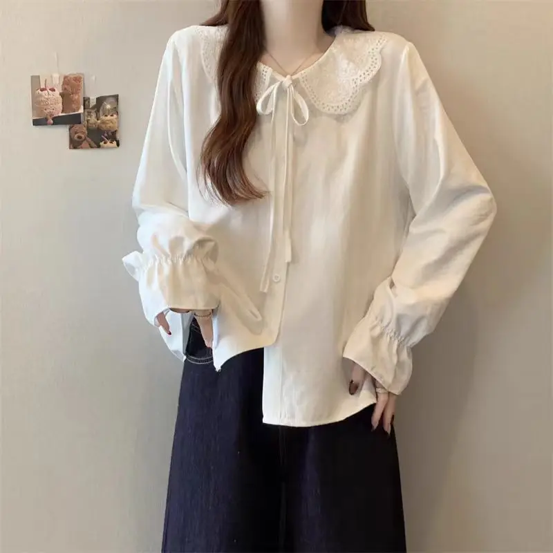 

Long Sleeve Shirts Womens Chiffon Patchwork Slim Fit Collar Chinese Feminine Elegant Romantic Preppy Youthful Office Clothing