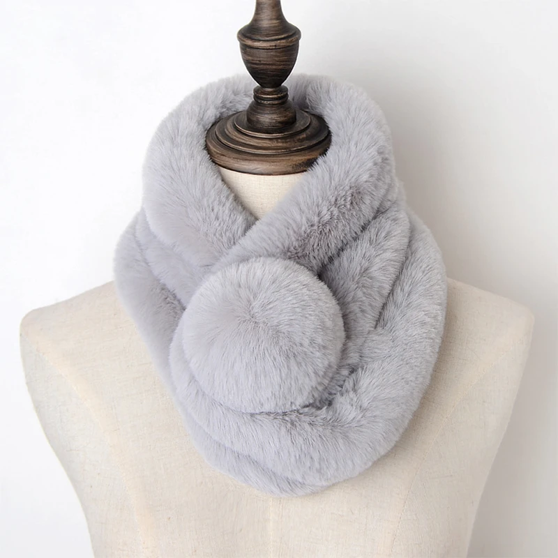 Rex Rabbit Fur Scarf Women Autumn And Winter fur Scarves Warm Thick With Ball Pele Scarves Rabbit Fur Rings scarf female fur