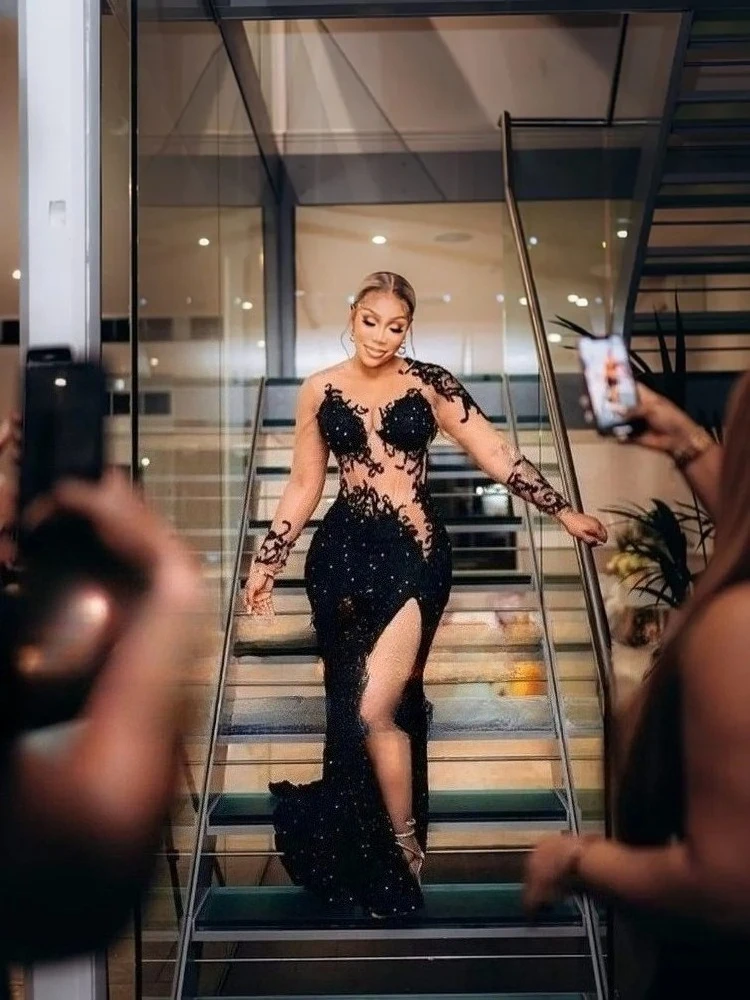 

Сексуальные черные платья русалки для выпускного вечера с прозрачным круглым вырезом и длинными рукавами, блестящие вечерние платья с разрезом по бокам, вечерние платья de noche