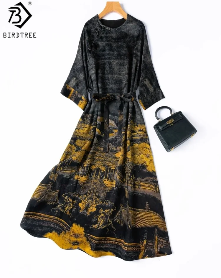 BirdTree 45MM 100% soie de mûrier noir robe dorée, femme lourd Satin col rond manches longues ceinture robes, 2025 été nouveau D57312JF