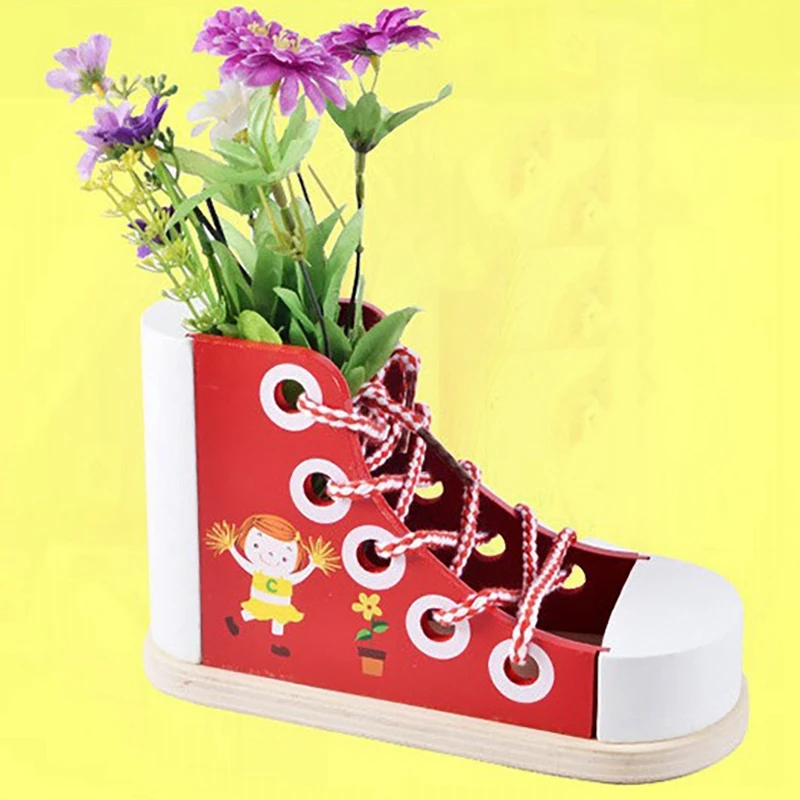 Multifunction Wooden Lace-Up Shoes Toy Learning Lace Up Pencil Holder Shoe Tie Practice Toy For Kid Educational Toy