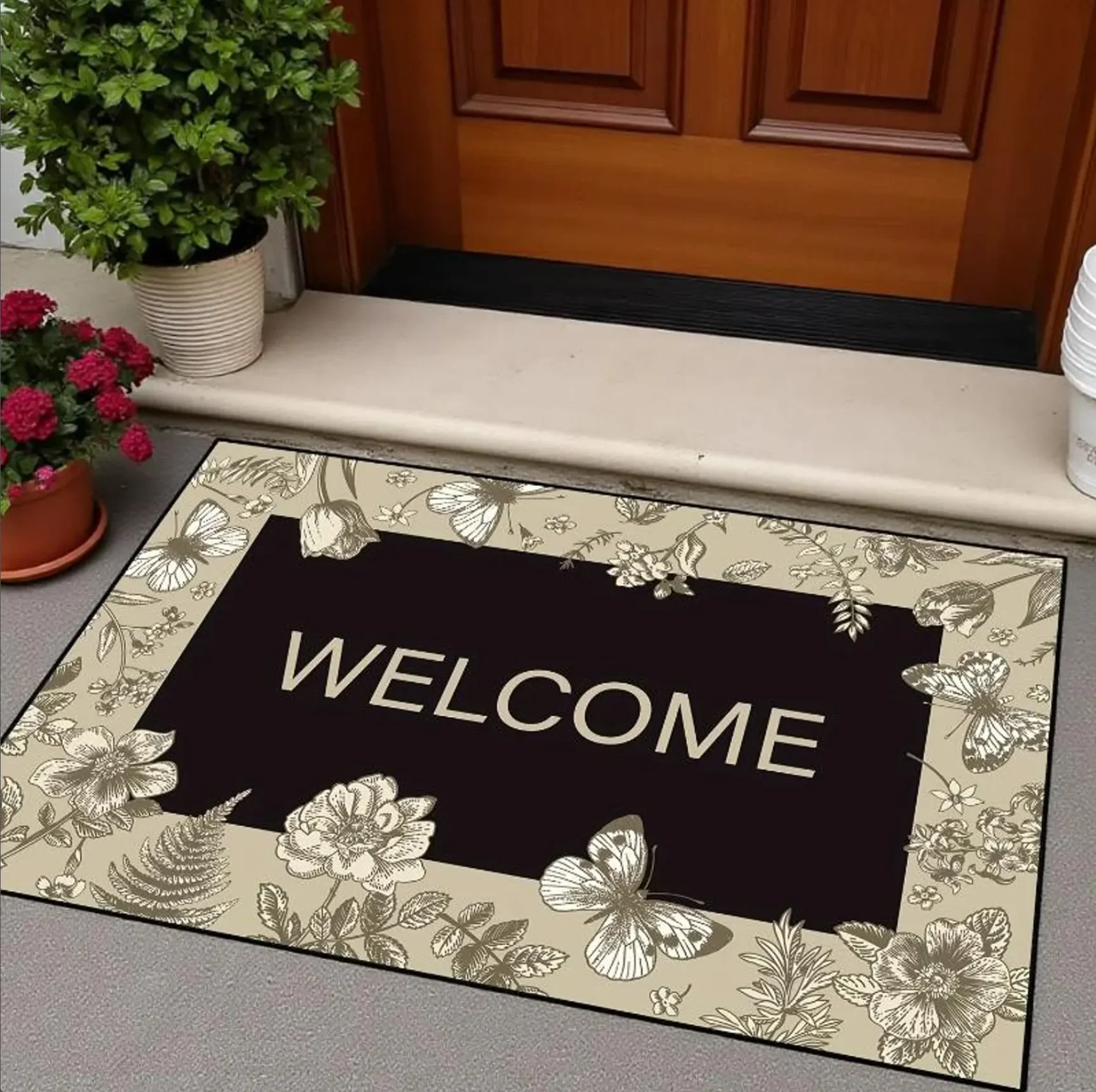 New Arrival Top Rated Gentle Cozy Floral Welcome Mat: Black White Sweet Home WELCOME Soft Non-Slip Rug for Entryway & Bedroom